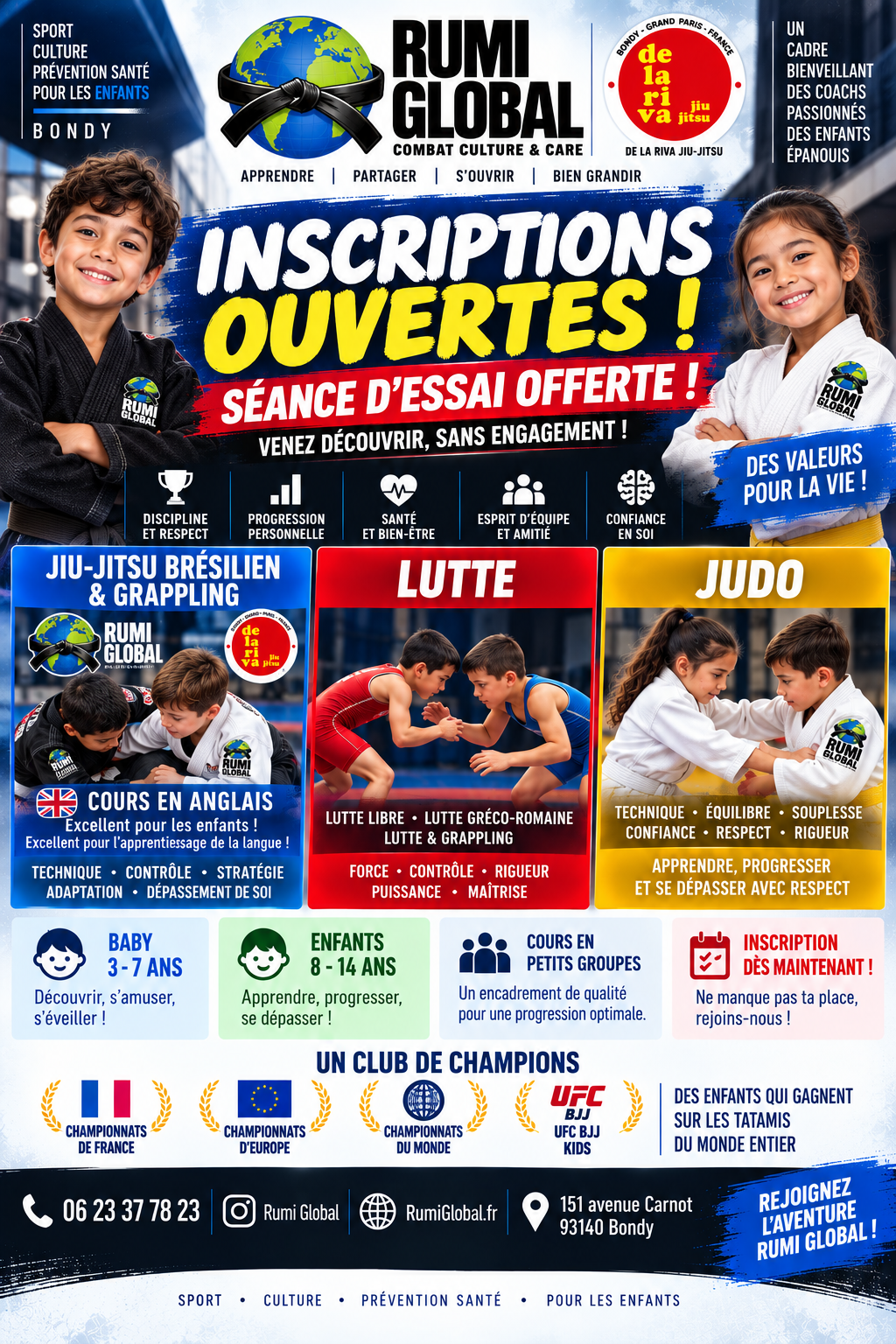 Affiche des inscriptions Rumi Global pour les sports de combat enfants à Bondy